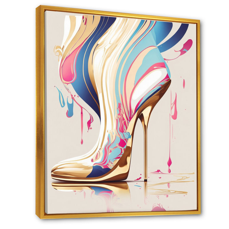 Rose et bleu Art Déco, bottes à talons hauts I - impressions encadrées de mode, H 40 po x l 30 po x P 1,5 po