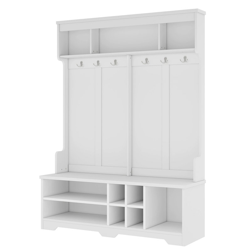 Modern Hallway Hall Tree With Metal Hooks And Storage Space, Multi-Functional Entryway Coat Rack With Shoe Cubbies, White