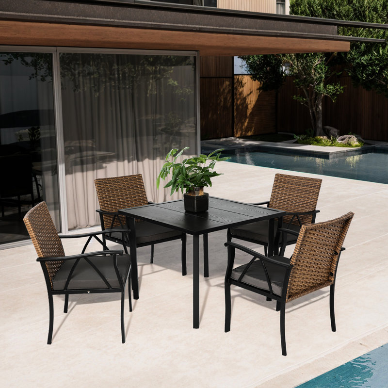 5 Outdoor Table And Chairs - & Comfortable Patio Dining With Square Steel Tabletop Umbrella Hole For Balcony Deck Front Porch Area