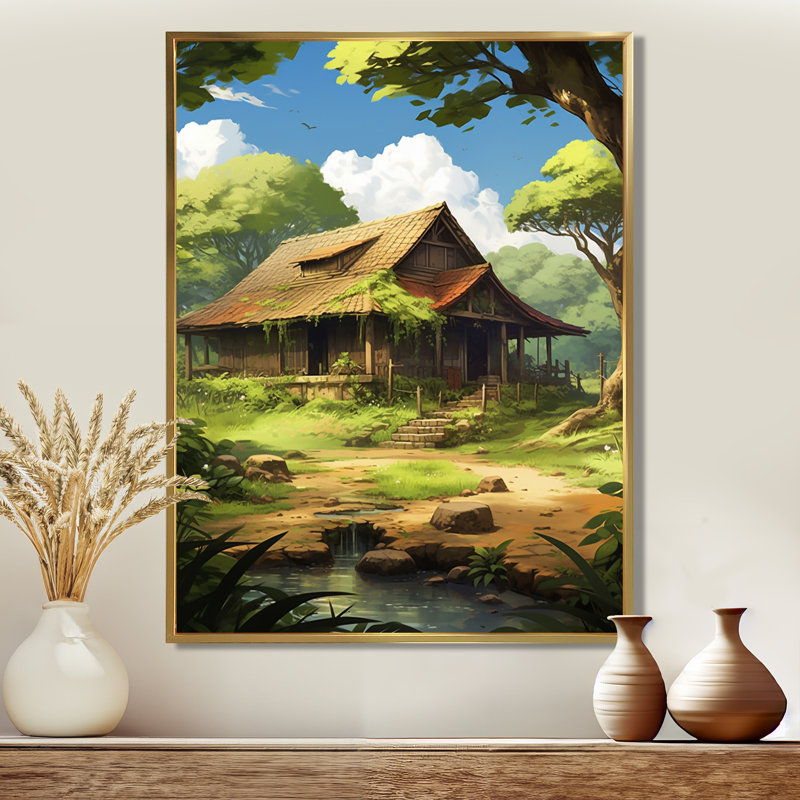 Vieille maison de campagne recouverte de vert profond - art mural paysage, Toile avec cadre flottant or