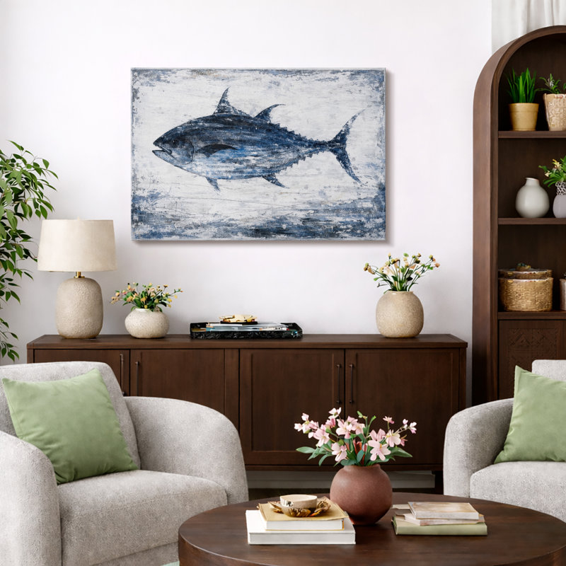Blue Tuna Fish Artwork, Coastal Marine Life Living Room Pictures, Framed Canvas Giclee Print Wall Art, 16" H x 24" W x 1.5" D