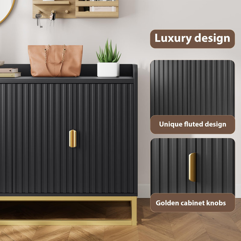 47.2" Fluted Sideboard with Storage Cabinet, Modern Kitchen Sideboard with Adjustable Shelves, Black