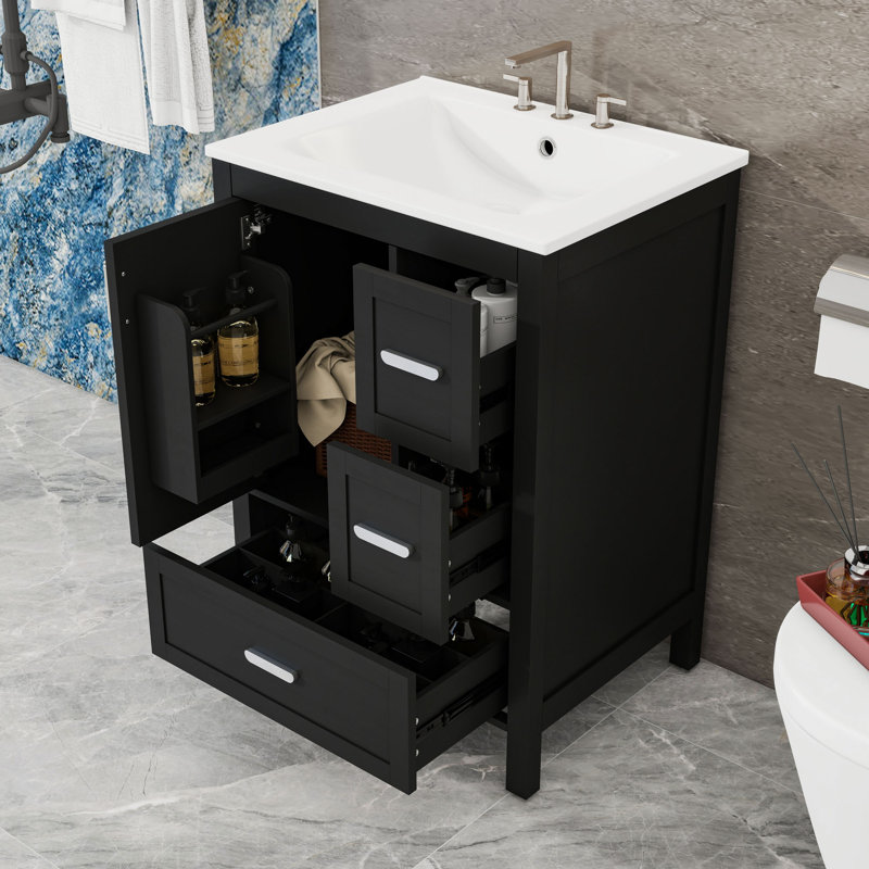 Modern Bathroom Vanity with Ceramic Sink, 3 Drawers and Soft-Close Door Cabinet, Black