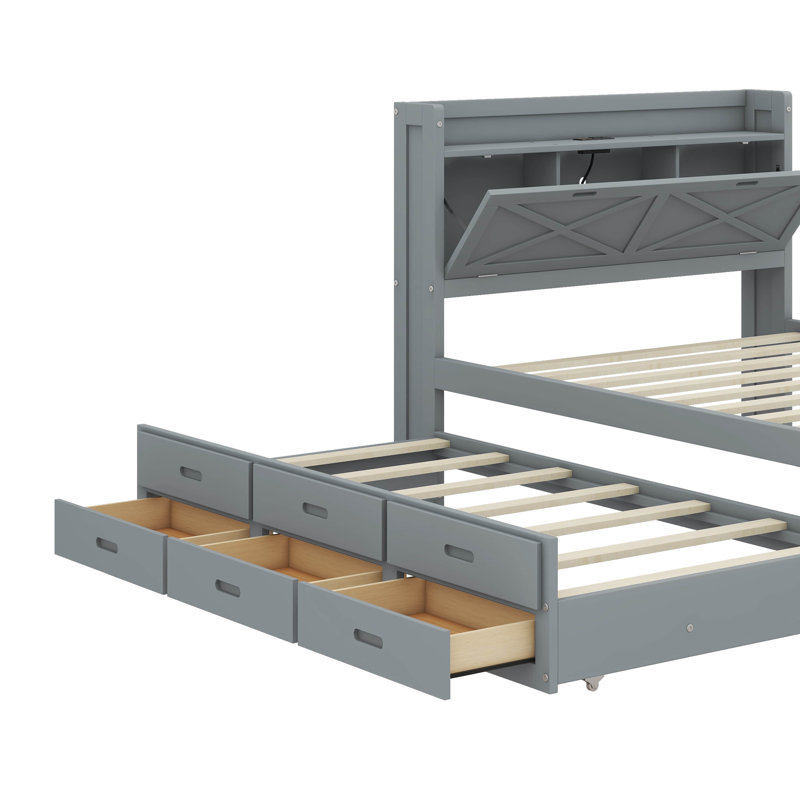 Lit en bois avec tête de lit avec prises électriques, Double, Gris