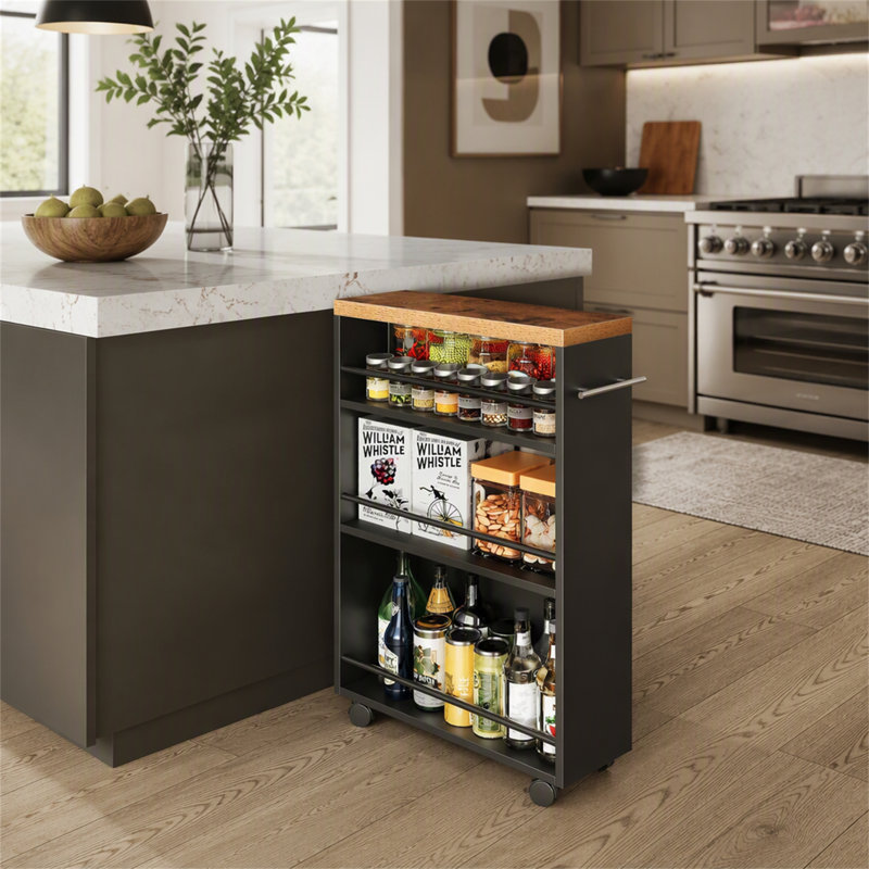 Chariot de rangement à 4 niveaux, chariot de cuisine étroit et mobile pour petits espaces, Black