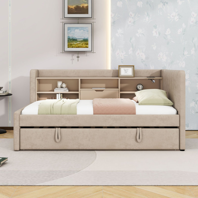 Twin Upholstered Daybed with USB Ports, Twin Trundle and Shelves, Beige