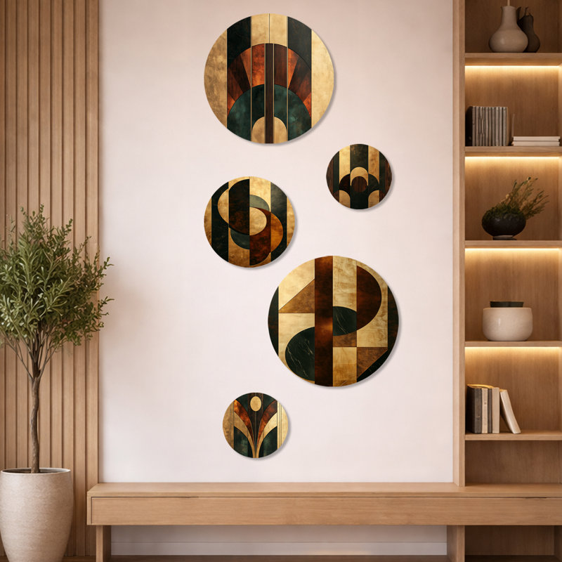 Ensemble de 5 décorations murales géométriques noyer géométrique Essential Forms III - Art déco abstrait