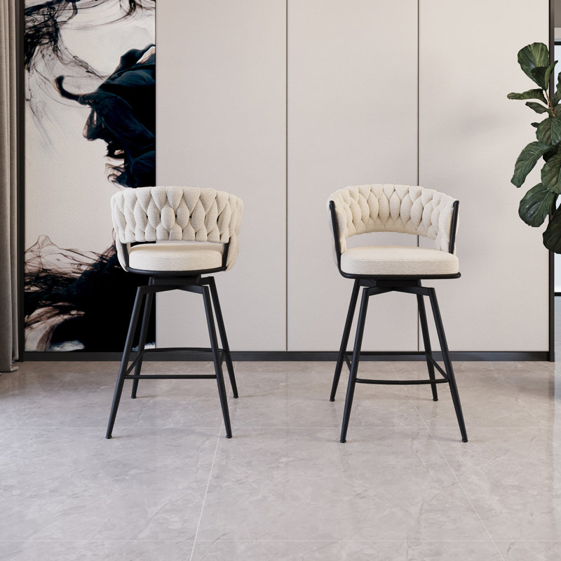 Ensemble de tabourets de bar 26 po en lin tissé avec 2 chaises seulement, sans les tables, Blanc