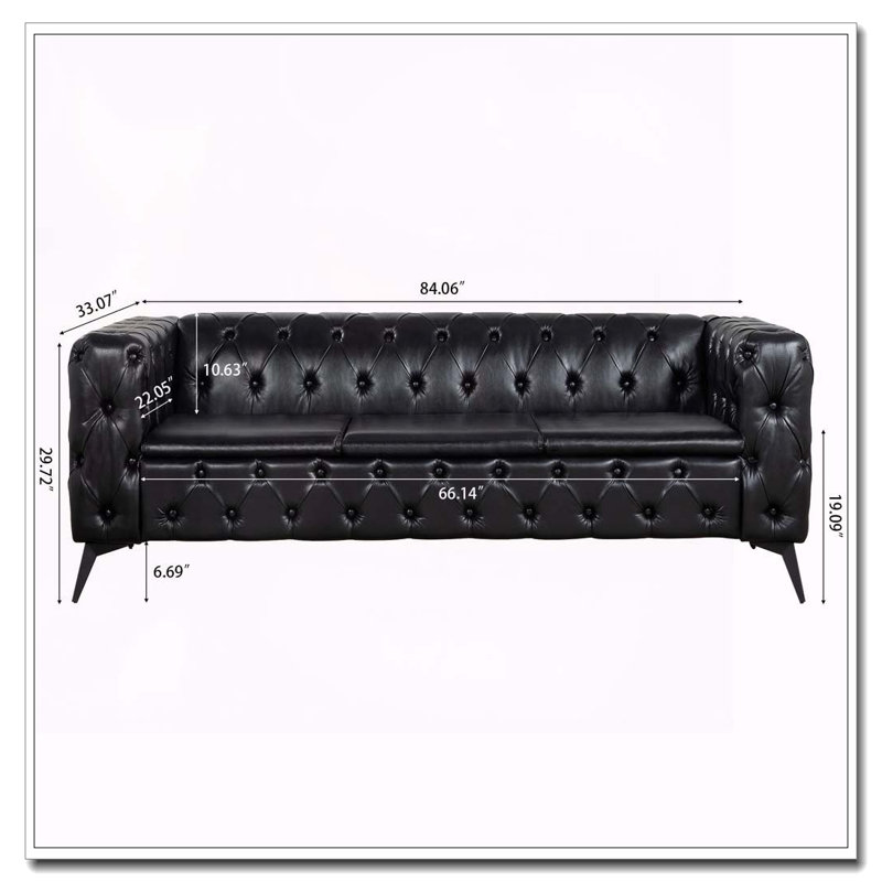 Canapé 3 places à coussin carré amovible de 84,06 po de largeur, Noir