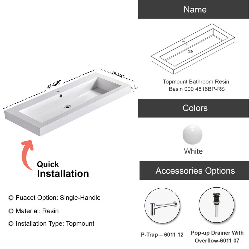 Dowell 48" Rectangular Drop-In Acrylic Single Bathroom Vanity Sink with Overflow, Wide Sink
