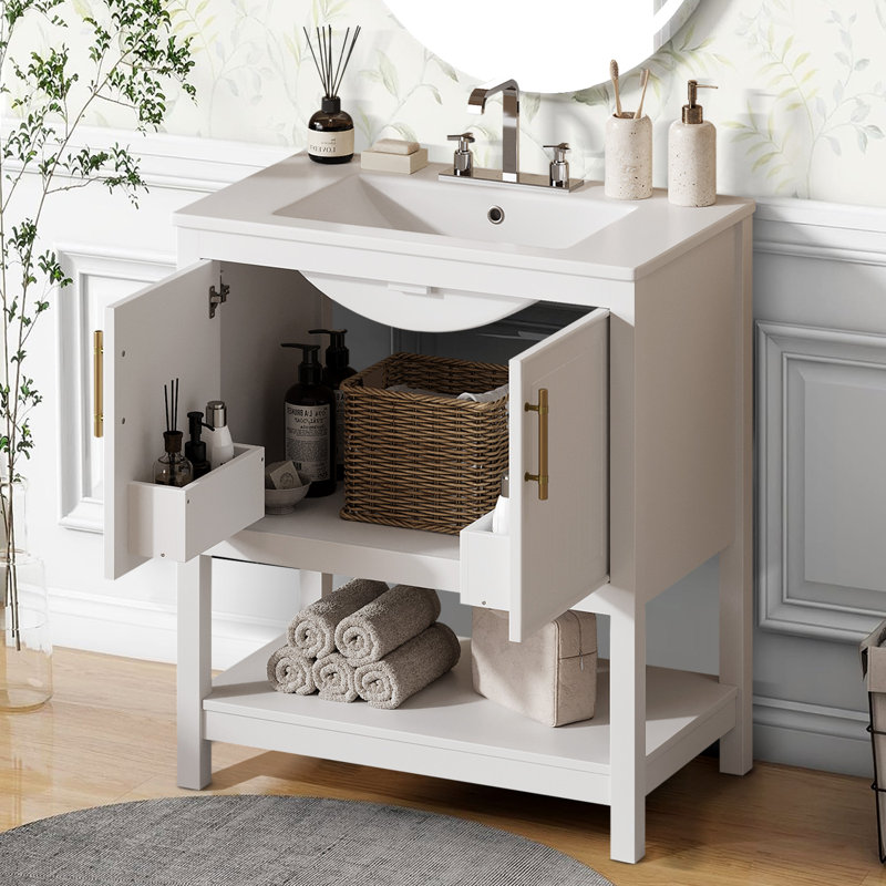 30" Bathroom Vanity With Ceramic Sink And Versatile Storage, White