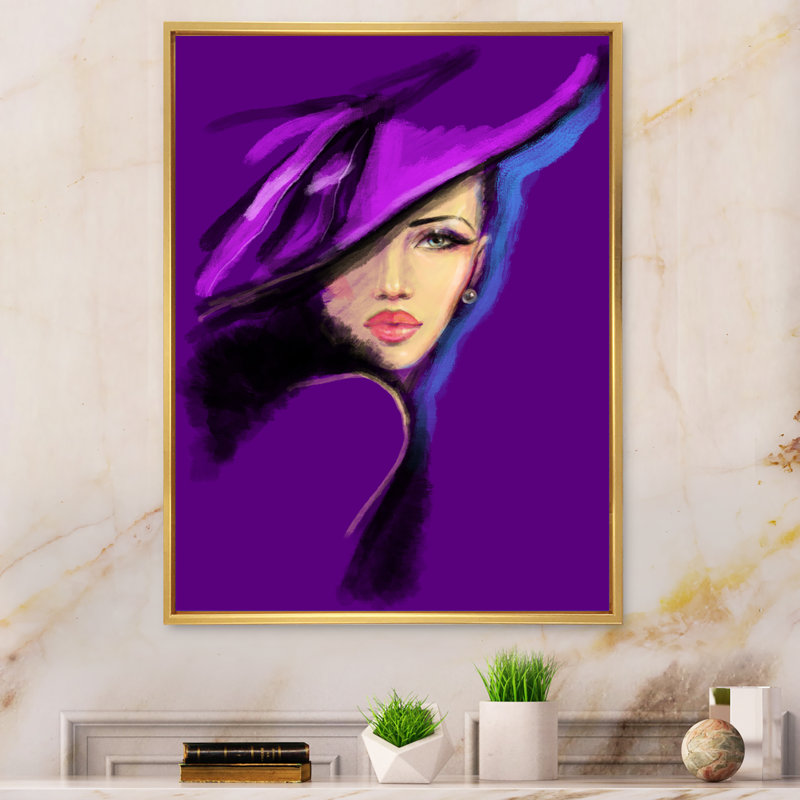 Portrait mauve d'un mannequin élégant, H 12 po x l 8 po, Toile avec cadre flottant or