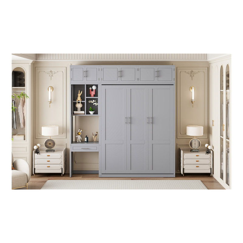 Grand lit escamotable mural avec bureau, armoire supérieure et tablettes de rangement, lit pliant peu encombrant, gris, Gris