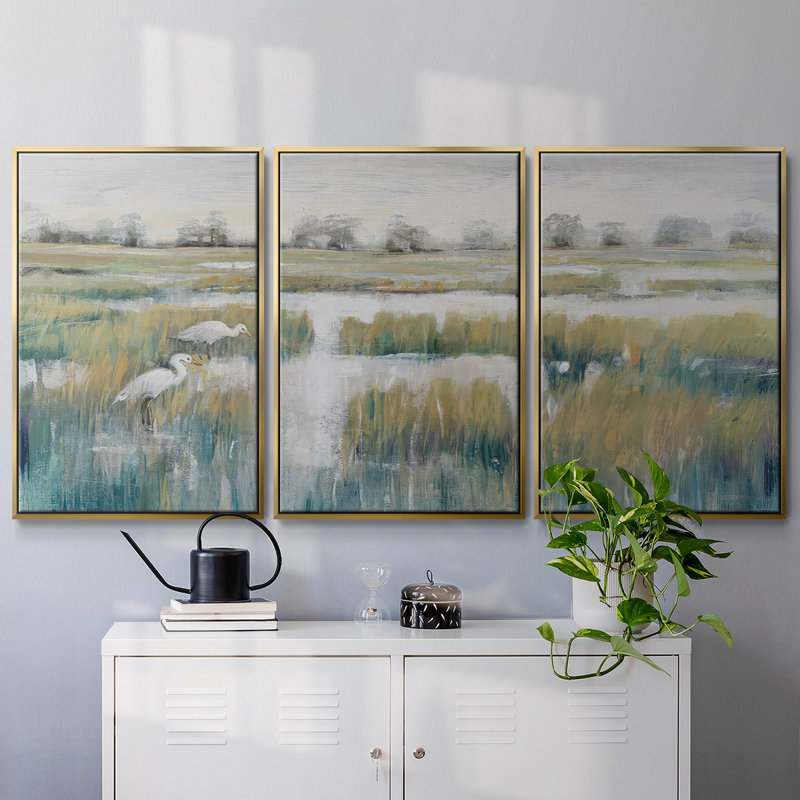 Marshland View V, ensemble de 3 toiles encadrées, H 36 po x l 75 po x P 2 po, Encadrement doré