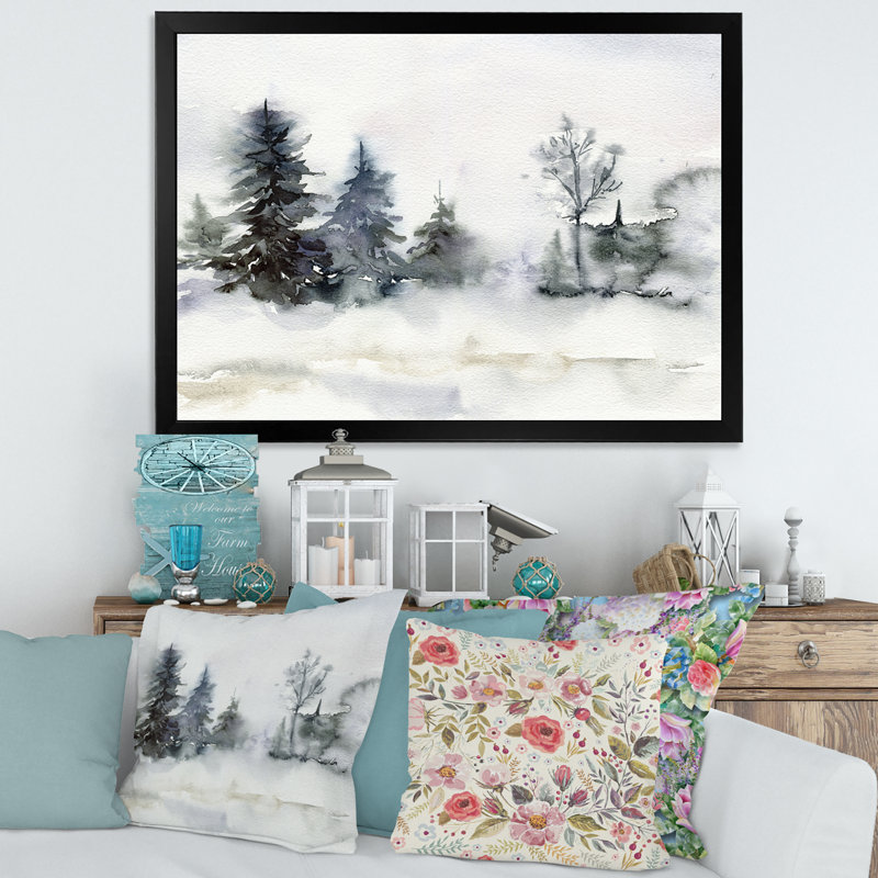 «Christmas Minimalistic Forest Landscape and Snow - Floater Frame, peinture sur toile», H 12 po x l 20 po x p 1 po