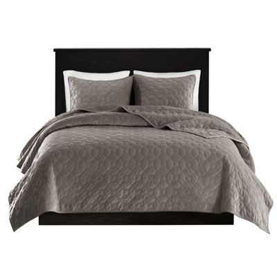 3 Piece Taupe Velvet Quilt King/ King - Geometric, Cotton Filled, Warmth Comfortable Soft
