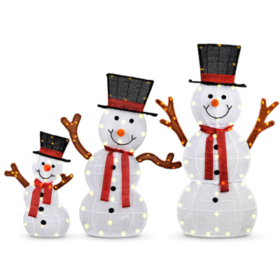Ensemble de 3 décorations de Noël de famille de bonhomme de neige pré-éclairées de 3 pi avec 130 lumières de bonhomme de neige et décoration de jardin en métal avec cordon d'alimentation 16 pi pour le porche de la cour avant