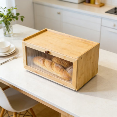 Vintage Bread Box For Kitchen Countertop, Retro Bamboo Bread Storage Container With Transparent Door, Air Vents, And Non-Slip Feet For Freshness And Organization