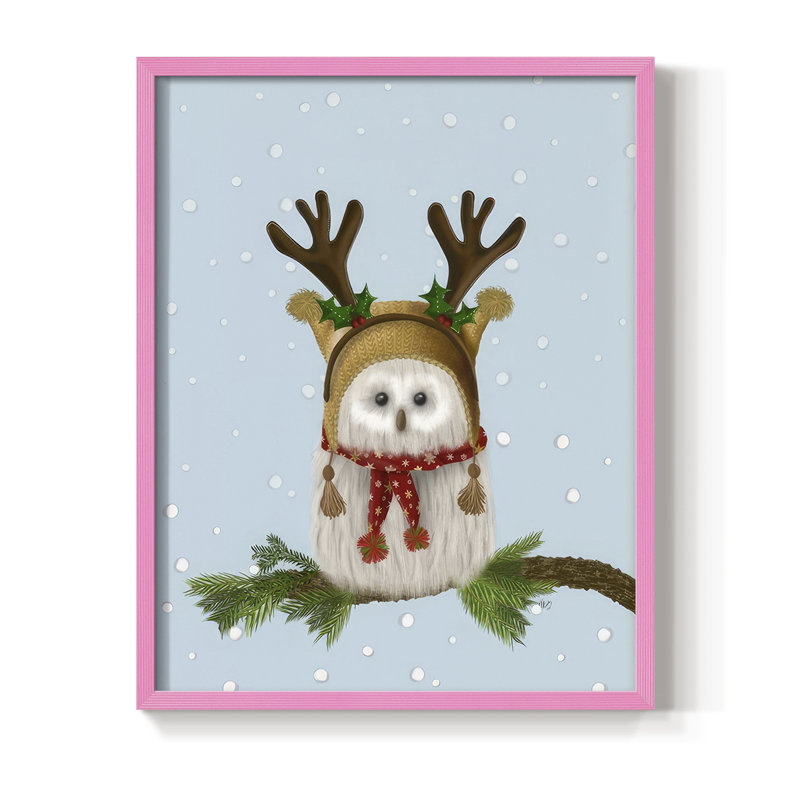 «Christmas Fluffy Owl and Antler», reproduction encadrée - bois massif, H 15 po x l 12 po, Rose
