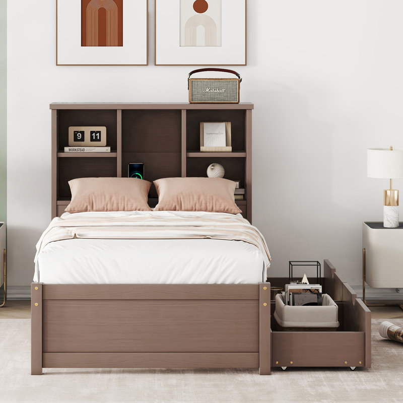 Structure de lit simple moderne avec port USB, tête de lit bibliothèque et 2 tiroirs pour un rangement et une commodité améliorés