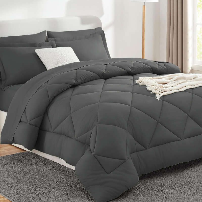 Barnicoat Microfiber Reversible Comforter Set, Dark Gray, Queen Comforter + 6 Additional Pieces