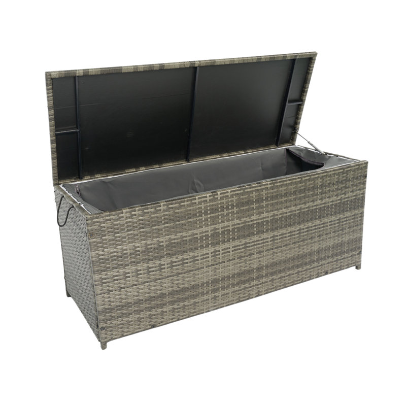 Large Capacity Patio Storage Chest. 113 Gallon. Grey . Lightweight , Removable Liner. Rust Frame. Water Oversize Outdoor Cushion Box. Gallon Capacity, . For Patio, Porch, Garden. ,