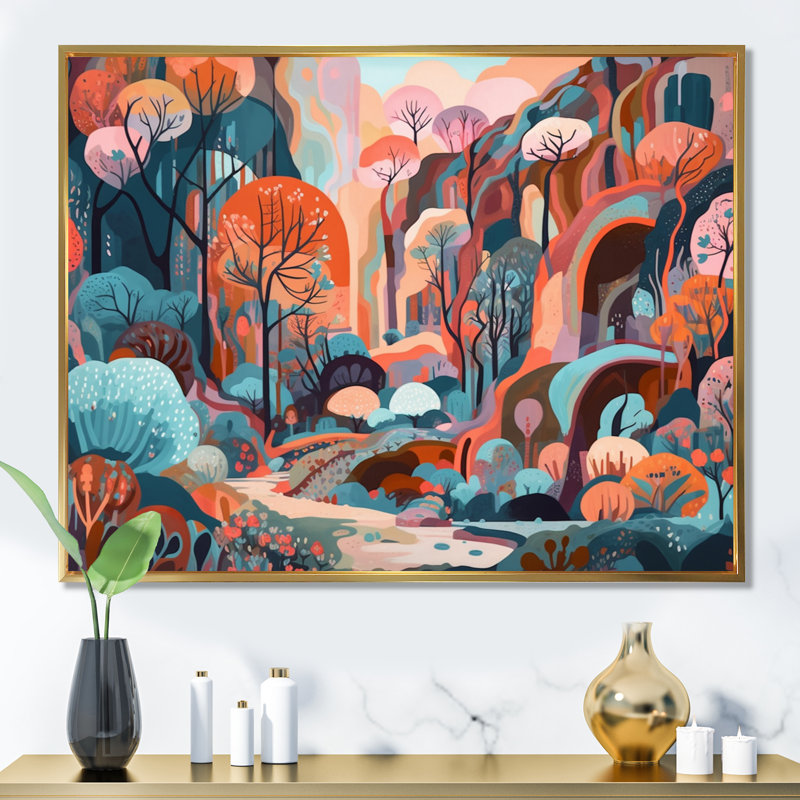 «Pink Green Minimalims Explosion IV», reproduction d'art sur toile, H 34 po x l 44 po x P 1,5 po, Cadre flottant doré