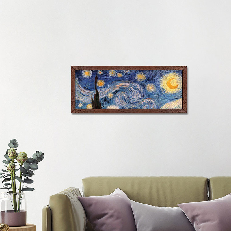The Starry Night by Vincent Van Gogh - Panoramic Painting on Canvas, 30.48 cm H x 91.44 cm W, Brown Floater Framed