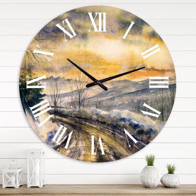 Winter Landscape With Road Under Bright Sunset - Traditional wall clock