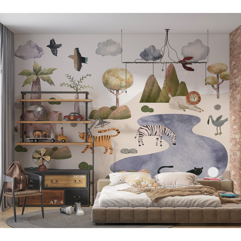 Adhésif mural pelez et collez pour enfants - Animaux de la savane aux couleurs pastel, L 96 po x L 68 po