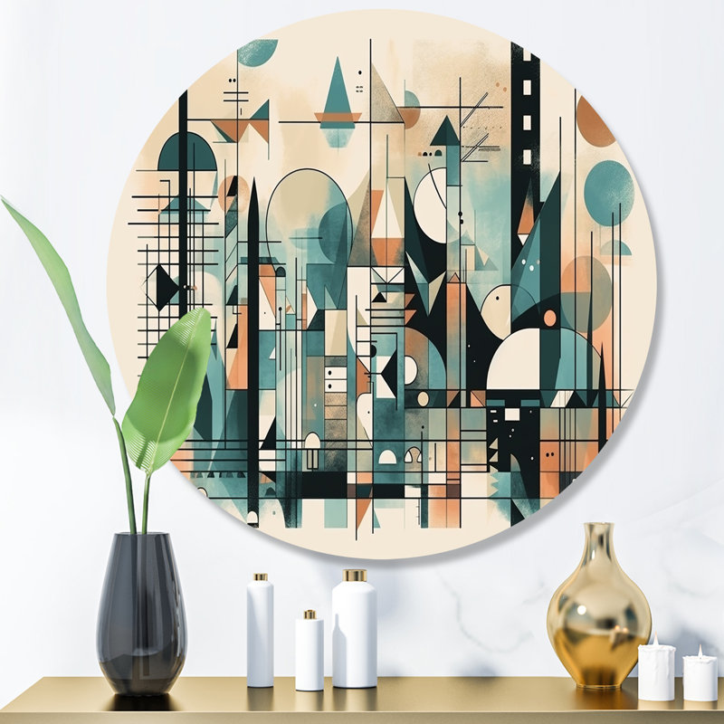 «Blue and Black Geometric Shadows II - Abstract Minimalisme», art mural rond sur métal, H 16 po x l 16 po x P 1 po