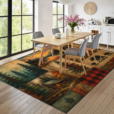 9x12 Area Rugs for Bedroom Rustic Bear Pine Forest Patchwork Mountain Cabin Red Boho Washable Rug for Living Room Carpet for Dining Room Soft Rubber Backed Non-Slip Carpets for Nursery Office
