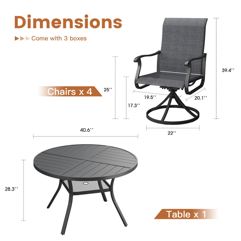 Outdoor Patio Dining Set - 41.7” Round Table with Umbrella Hole & Storage Shelf + 4 Swivel Chairs, Black/Black