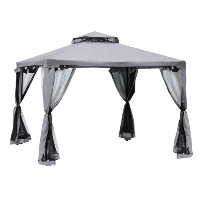 Pavillon de jardin gris, 9,6 pi x 9,6 pi, auvent à 2 toits avec filet, structure en acier pour terrasse de jardin, protection, protection contre la pluie, pluie