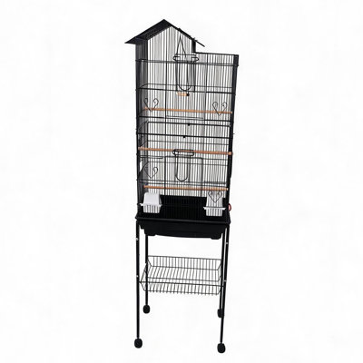 Spacious Bird Cage with Stand for Parakeets & Canaries – Wheeled Aviary with Locking Brakes & Easy-Clean Design for Indoor & Outdoor Use – Black