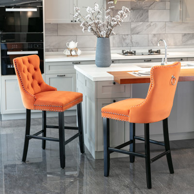 Set Of 2 Contemporary Velvet Upholstered Barstools With Button Tufted Back, Wooden Legs, And Chrome Nailhead Trim (orange) -  Everly Quinn, E56756C98BC44D24A41A3A790A2E23F5