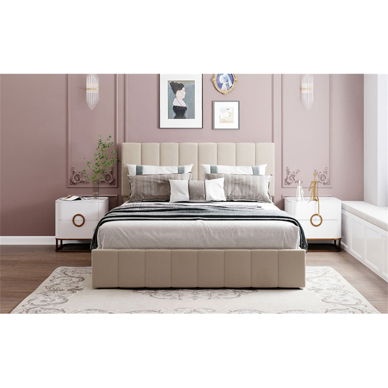 Lit plateforme tapissier avec système de rangement hydraulique, Beige, Grand