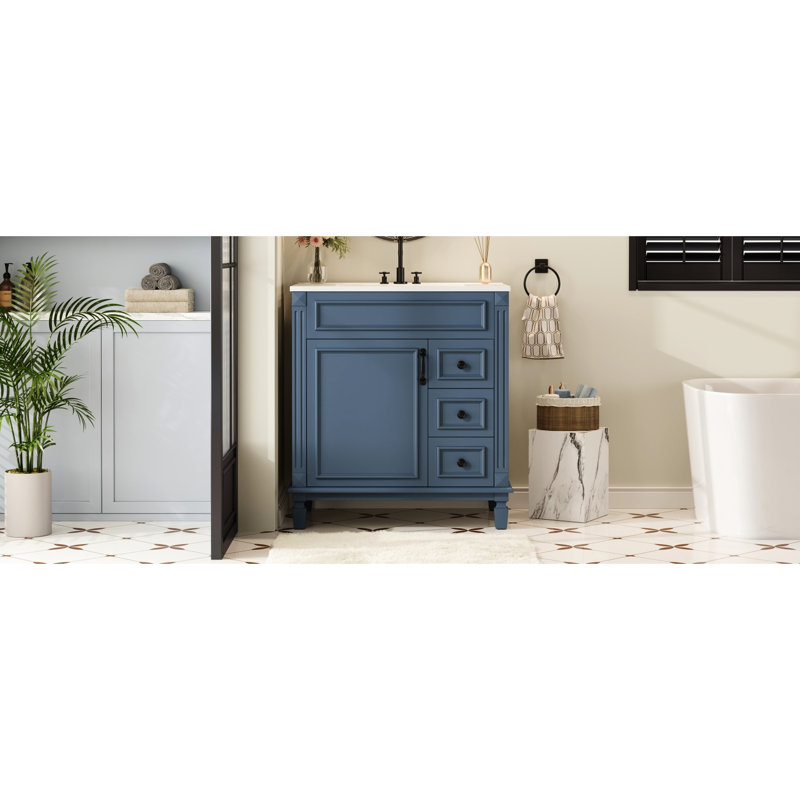 Meuble-lavabo de 30 po avec lavabo en céramique de haute qualité, deux tiroirs et tablette personnalisable, idéal pour les petits décors d'inspiration française.