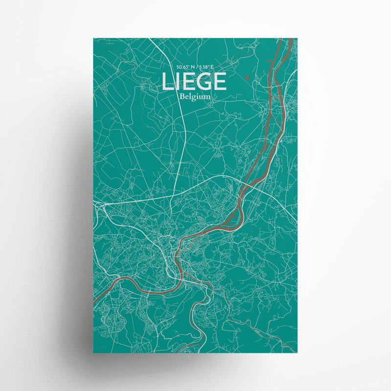 «Liege City Map», impression, H 17 po x l 11 po, Vert / brun