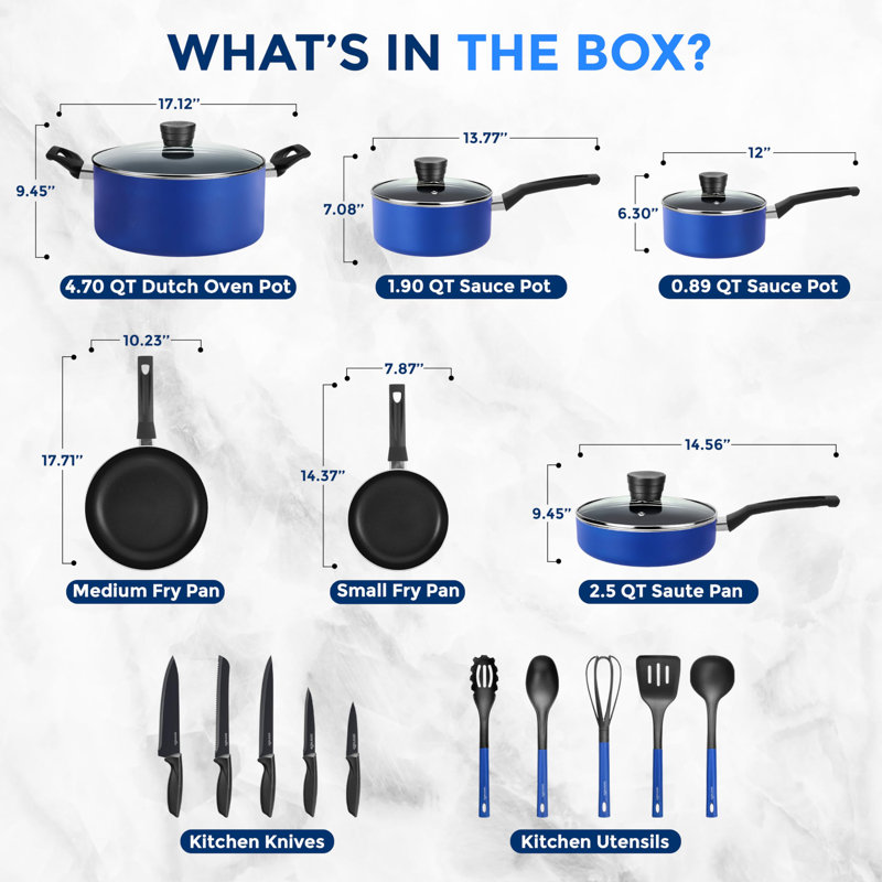Batterie de cuisine antiadhésive en aluminium 20 pièces SereneLife, Bleu