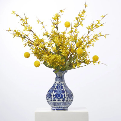 Let the Sunshine In - Yellow Forsythia Branches & Billy Balls In Chinoiserie Style Vase