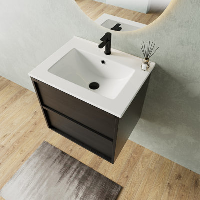 Meuble-lavabo suspendu moderne de 61 cm (24 po) avec comptoir en céramique intégré, meuble-lavabo simple noir mural avec 2 tiroirs de rangement