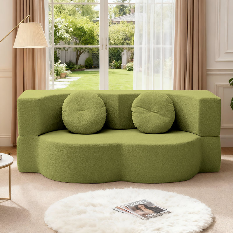 75.5" Lychee Boneless Velvet Folding Sofa Bed, No Assembly Required Sleeper Couch with Two Pillows, Green, Green Velvet