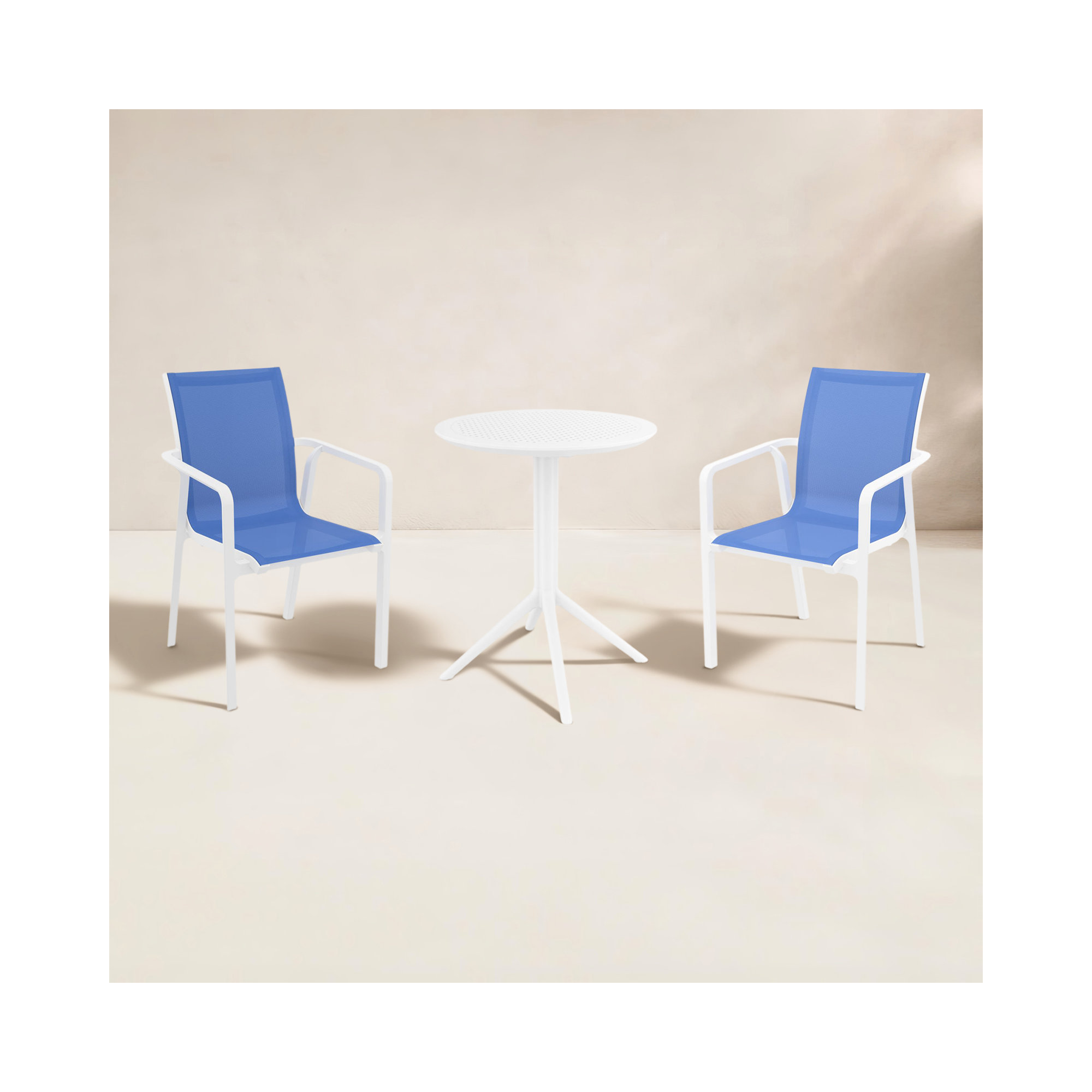 Farrah 24'' Round 2 - Person Bistro Set with Sling Chairs, White/Blue
