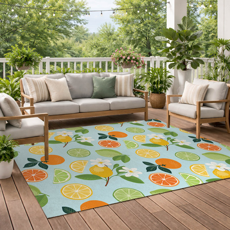Tapis d'extérieur Sunny Citrus, Bleu, Rectangulaire 10 pi x 8 pi