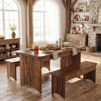 Farmhouse Wood Kitchen Dining Table with Benches