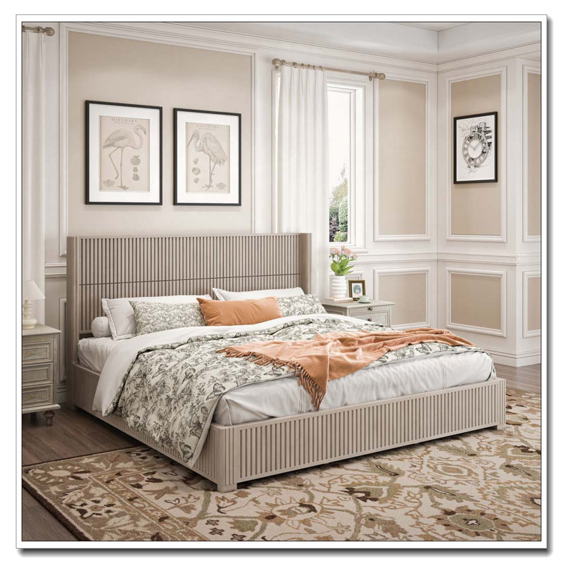 Solid Wood Platform Bed Frame with Headboard, No Box Spring Needed, Beige, King