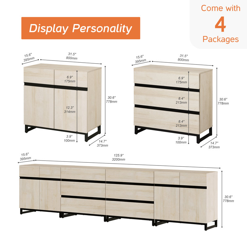 Buffet multifonctionnel Aadam 4-en-1 avec tablettes réglables et 6 tiroirs, Beige