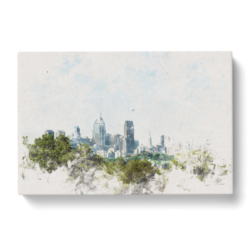 Philadelphia Skyline Watercolour - Wrapped Canvas Print, 40cm H x 60cm W x 3cm D
