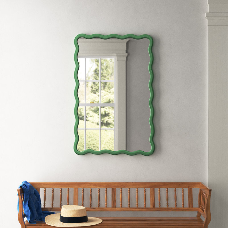 Green Hand-Painted Wavy Wood Wall Mirror